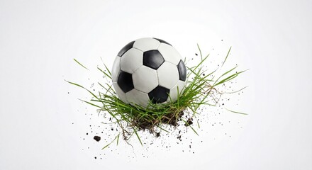 Soccer ball surrounded by flying fresh green grass and soil particles, isolated on a white background. Dynamic sports concept representing football action, energy, motion, and competition. Clean