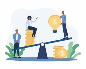 Business people balancing money and ideas on a seesaw