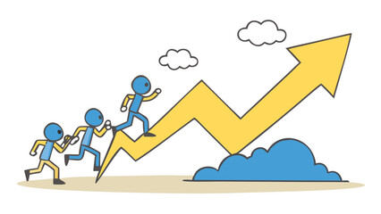 Three businesspeople climbing up a growing graph with an upward trend