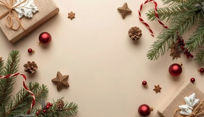 Vintage Christmas decoration with gold ornaments and green fir branches forming a festive winter border on a rustic wooden background for a New Year holiday greeting card