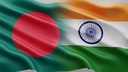 Waving flags of bangladesh and india side by side, symbolizing friendship and bilateral relations between the two south asian nations in a 3d rendering
