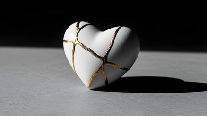 A striking close-up shot of a white heart-shaped object, artfully repaired with visible golden seams in the traditional Japanese Kintsugi style. The object rests on a textured grey surface, with a dee