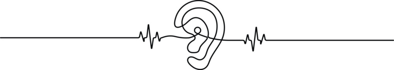 Continuous one-line drawing of a human hearing symbol. Minimalist icon for audiology and sound waves. Simple black line art on a white background.