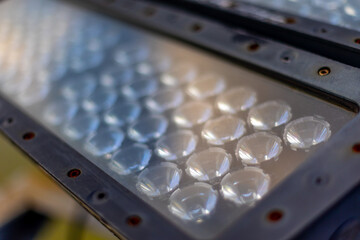 Close-up of led light panel with reflective lenses