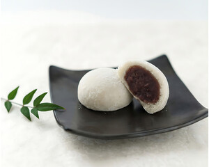Japanese Daifuku Mochi with Red Bean Paste on Black Plate 