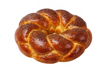 Challah bread, round braided loaf with poppy seeds, golden brown jewish pastry, transparent background for holidays