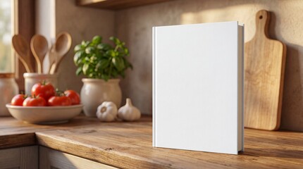 Blank white hardcover cookbook standing upright on a rustic kitchen table, surrounded by fresh vegetables, herbs, and kitchen utensils. Minimal clean composition with copy space on the book cover
