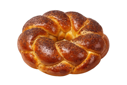 Challah bread, round braided loaf with poppy seeds, golden brown jewish pastry, transparent background for holidays