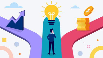 Business Decision Making Concept with Entrepreneur Choosing Path of Growth, Innovation, and Finance Flat Illustration
