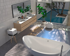 Современный интерьер ванной комнаты с деревянной отделкой в ​​эко-стиле. 3D-визуализация.	