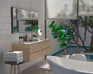 Современный интерьер ванной комнаты с деревянной отделкой в ​​эко-стиле. 3D-визуализация.	