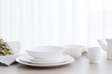 Elegant white dinnerware set arranged on modern dining table, perfect for stylish home decor and sophisticated dining experiences.