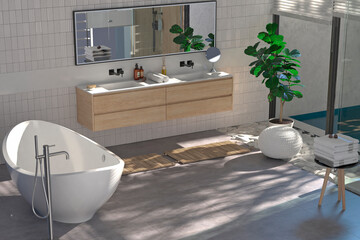 Современный интерьер ванной комнаты с деревянной отделкой в ​​эко-стиле. 3D-визуализация.	