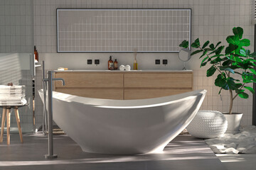 Современный интерьер ванной комнаты с деревянной отделкой в ​​эко-стиле. 3D-визуализация.	