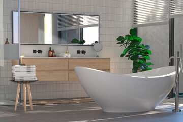 Современный интерьер ванной комнаты с деревянной отделкой в ​​эко-стиле. 3D-визуализация.	