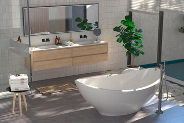 Современный интерьер ванной комнаты с деревянной отделкой в ​​эко-стиле. 3D-визуализация.	