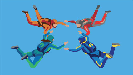 Four skydivers in colorful suits performing a formation in a blue sky © StockStudio