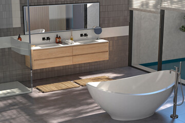 Современный интерьер ванной комнаты с деревянной отделкой в ​​эко-стиле. 3D-визуализация.	