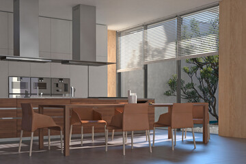 Modern interior of kitchen with living room. 3d render