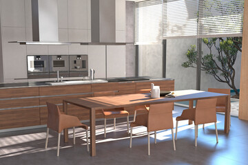 Modern interior of kitchen with living room. 3d render