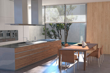 Modern interior of kitchen with living room. 3d render