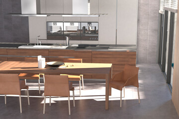 Modern interior of kitchen with living room. 3d render