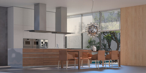 Modern interior of kitchen with living room. 3d render