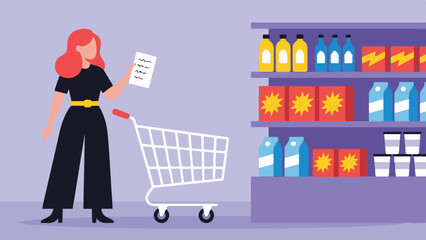 Woman checking shopping list in a minimalist grocery store aisle with cart