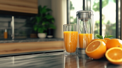 Fresh juice dispenser in modern home kitchen interior