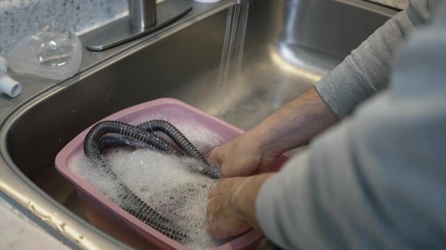 A closeup shot cleaning CPAP machine parts in soapy water at a kitchen sink, showing routine sleep apnea equipment maintenance. 15010  