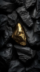 Gold nugget surrounded by black charcoal pieces in macro close-up