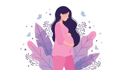 Smiling pregnant woman embracing her belly in a serene floral illustration
