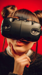 Young woman wearing virtual reality headset in close-up portrait