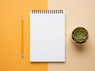 Above overhead close up flatlay view photo of clear spiral textbook with drawing pencil and succulent plant isolated half yellow and beige desk