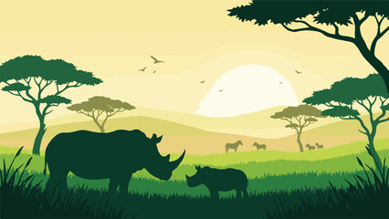 Fototapeta premium African savanna landscape with rhino family, zebras, and trees at sunset