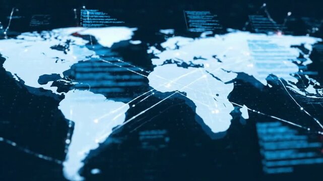 Glowing world map on dark background with modern digital effects