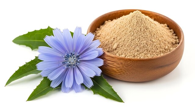 Chicory root powder in wooden bowl with flower