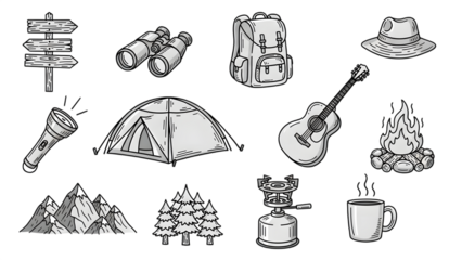 Outdoor Camping and Hiking Equipment Sketch Icons