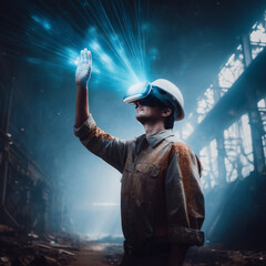 Construction engineer using virtual reality visualization in abandoned factory