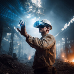 Construction engineer using virtual reality visualization in abandoned factory