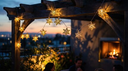Starry Night Sky with Blue and Gold Glowing Lights, Lights With Stars, Winter Night - Festive Seasonal Decorations