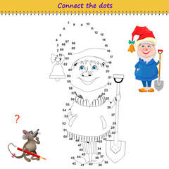Connect the dots from 1 to 70 and draw the funny gnome. Trace the line between numbers. Coloring book. Developing counting skills. Logic puzzle game for kids. Activity sheet. Vector illustration.