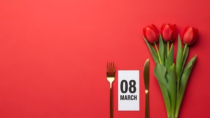 Romantic dinner setting with red tulips and march eighth date on calendar