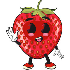 cute strawberry cartoon mascot character  wave hand smiling vector illustration, work of hand drawn