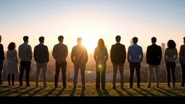 Diverse group of business professionals standing together on a hill overlooking cityscape at sunset