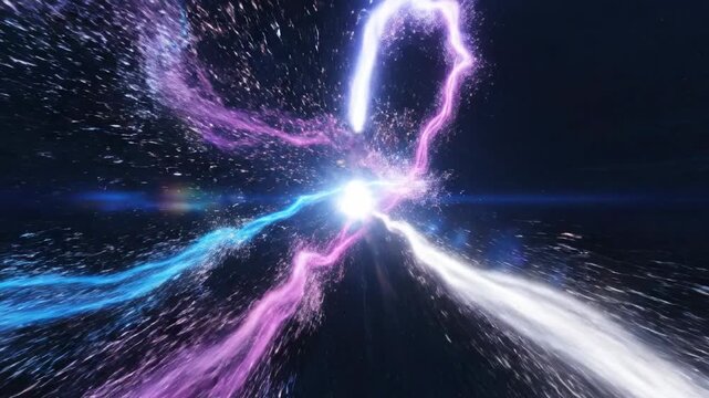 Abstract motion graphic representation of three parallel light trails rapidly accelerating and merging at a central vanishing point in a dark void stream, design, three parallel light trails
