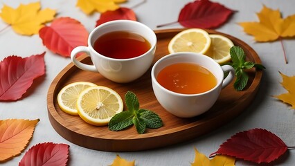 Tea time with lemon and mint on a wooden tray