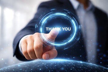 Businessman's finger touches a glowing blue digital interface displaying the phrase thank you with futuristic elements