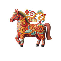 Obraz premium Beautifully decorated red horse sculpture with floral patterns and year 2026 symbolizing new year celebration and cultural heritage