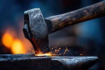 Hammer strikes anvil creating sparks during metalwork in a forge at dusk